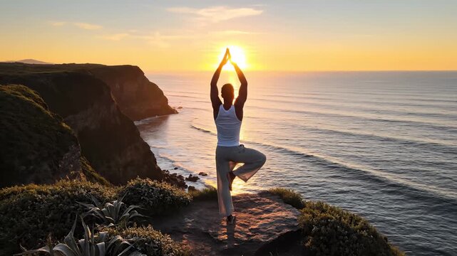 Man Performing Tree Yoga Pose at Sunset on Cliffside Overlooking Ocean, Facing Away
