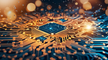 Cinematic Glowing Circuit Abstract Background in Gold and Blue