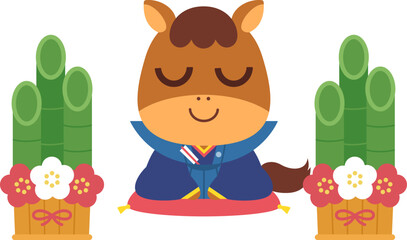 和服を着た馬と門松