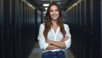 Confident woman with crossed arms smiling in server room, high-tech environment. The woman is wearing white shirt and looking camera