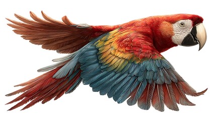 Colorful scarlet macaw parrot in flight isolated on white background