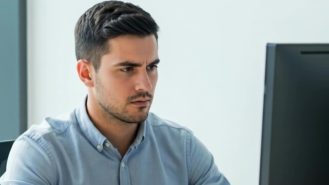 A man in a blue button-up shirt stares intently at a computer screen in a bright office