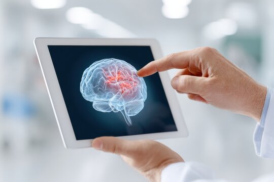 Doctor's hand pointing at digital tablet displaying brain scan, showcasing advanced medical technology and innovation in healthcare with copy space for text