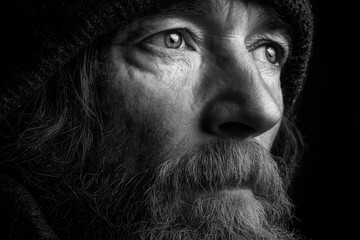 Portrait of a man experiencing homelessness with intense expression, showcasing resilience and depth in a challenging environment