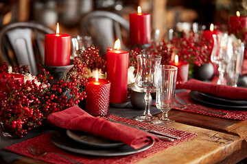 Elegant christmas table setting with red candles and decorations for dinner