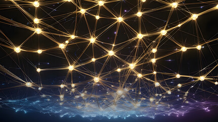 Cinematic Golden Neural Network Web with Glowing Nodes on Black Futuristic Background