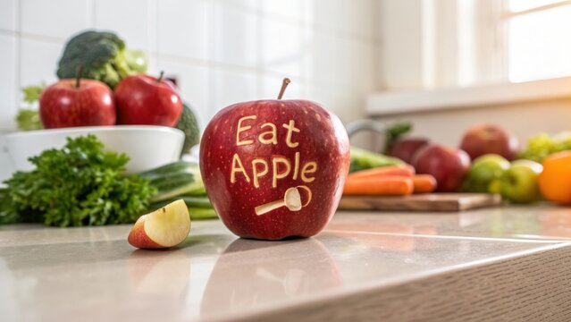 Red Apple with Eat Apple message carved on it