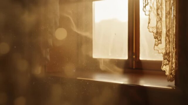 Shimmering Golden Dust Particles Dance in a Sunbeam by a Nostalgic Old Window