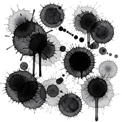 Monochrome Ink Splatters & Paint Drops. Abstract Grunge Texture Element.  on transparent background
