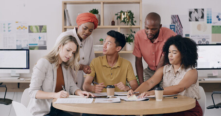 Editorial team, meeting or paperwork in creative agency, article feedback or changes for magazine feature. Publication, people or review content draft for grammar check, tips or ideas on sticky notes