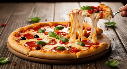 Delicious pepperoni pizza with stretchy mozzarella cheese