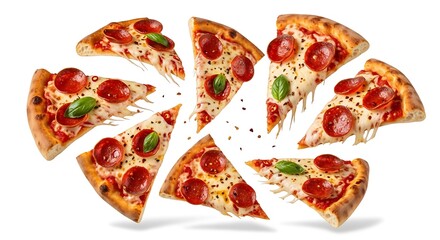 Delicious pepperoni pizza slices floating in mid air