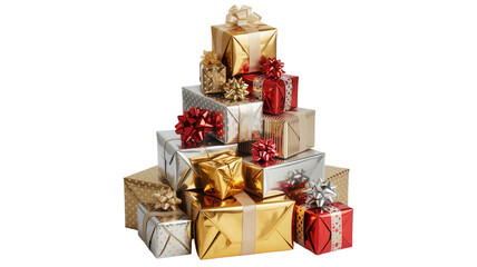 A tall festive stack of beautifully wrapped christmas presents in gold silver and red with ribbons and bows isolated on transparent background