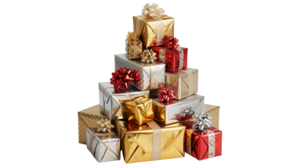A tall festive stack of beautifully wrapped christmas presents in gold silver and red with ribbons and bows isolated on transparent background