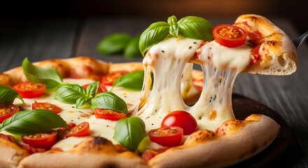 Delicious margherita pizza with stretchy mozzarella cheese and fresh basil