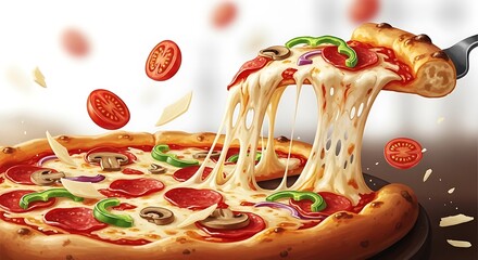 Delicious pepperoni pizza with stretchy mozzarella cheese