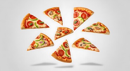 Delicious slices of pepperoni and vegetable pizza floating