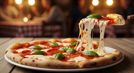 Delicious pepperoni pizza with melty mozzarella and fresh basil