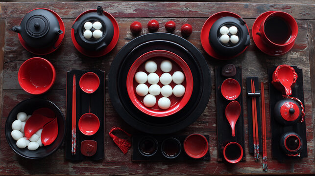 Traditional red and black Chinese tableware with glutinous rice balls for Dongzhi Festival winter solstice celebration