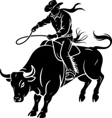 cowboy riding a bucking bull in dynamic pose silhouette Vector Art