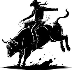 cowboy riding a bucking bull in dynamic pose silhouette Vector Art