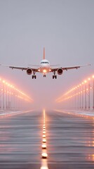 Commercial Airplane Approaching Runway at Dusk with Landing Lights Illuminating the Path Through Foggy Weather Conditions