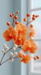 Close up of vibrant orange orchid blossoms with delicate white berry accents against a soft blue background near a bright window
