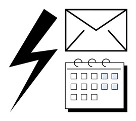 Lightning bolt, envelope, and calendar emphasize speed, messaging, and planning. Ideal for productivity, communication, organization teamwork reminders urgency and workflow. A simple flat