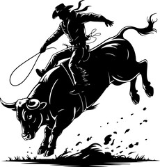 cowboy riding a bucking bull in dynamic pose silhouette Vector Art