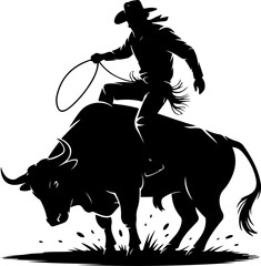 cowboy riding a bucking bull in dynamic pose silhouette Vector Art