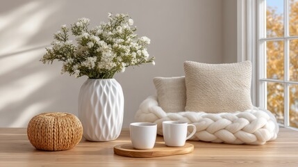 Cozy Living Room Scene With White Ceramic Cups Woven Decor White Vase Filled With White Flowers And Cushions By Window With Autumn Trees Outside