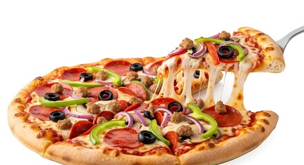 Delicious supreme pizza slice being lifted with melted cheese