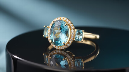 Professional jewelry photo of elegant gold ring with oval aquamarine center, halo diamonds, side stones, dramatic shadows, reflective dark surface, blue-gray gradient spotlight background.