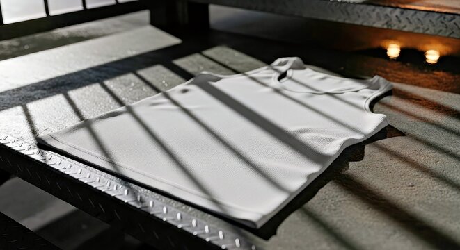 Fototapeta Folded White Poloshirt Monochrome Photo With Light and Shadow Street Benches