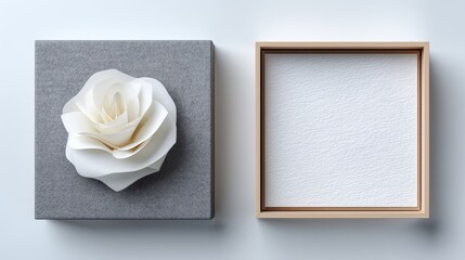 Delicate White Paper Rose Adorns Textured Gray Square Panel Alongside Empty Wooden Frame on White Background