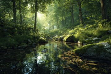 Obraz premium Beautiful green forest illuminated by sunlight with a tranquil forest stream flowing gently over smooth rocks and surrounded by lush foliage