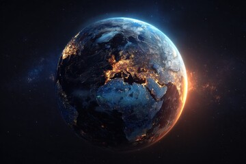 Fototapeta premium Vivid digital representation of Earth at night showcasing illuminated cities and natural beauty from space