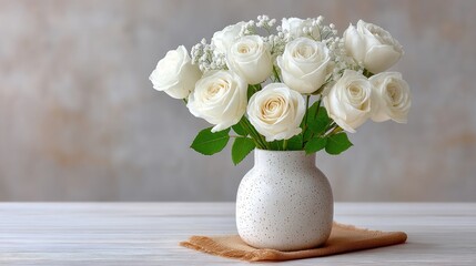 Delicate White Roses in a Speckled Vase on a Wooden Table With a Textured Neutral Background Soft Natural Light Illuminating Floral Arrangement