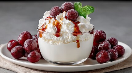 Delicious vanilla ice cream sundae generously topped with whipped cream and fresh cherries with a drizzle of caramel sauce in a glass bowl on a white plate with a textured grey background