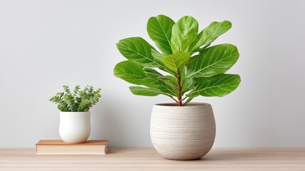 Detailed Close Up Of A Fiddle Leaf Fig Plant In A Textured White Pot With A Small Green Plant In A White Pot On A Book And Wooden Surface