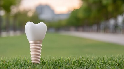 Detailed Dental Implant Model Standing Tall in Lush Green Grass with Blurred Trees and Soft Sunset Light in the Background Representing Dental Health and Restoration