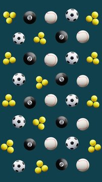 Sport animation pattern balls soccer baseball pool 8 ball repeating seamless suitable for backgrounds, game design, sports promotions, and active themes