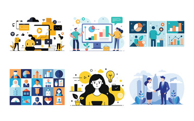 Naklejka premium Diverse business professionals collaborating and analyzing data in modern office settings with digital interfaces on illustration 