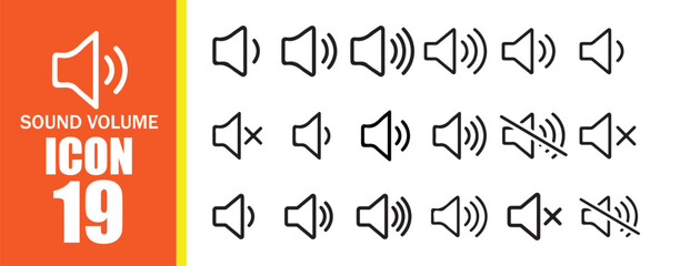 19 Sound icon, volume symbol, speaker sign, audio control icon set. Vector Illustration 