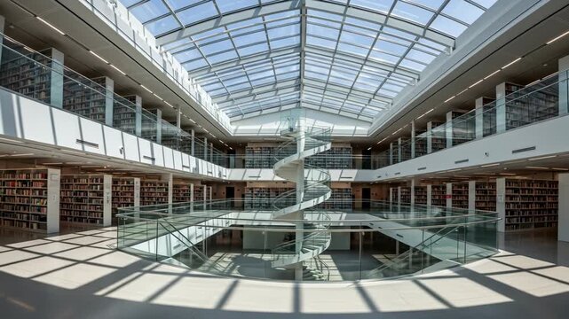 Architectural interior view of a library with multi-level bookshelves, a spiral staircase, and a glass ceiling