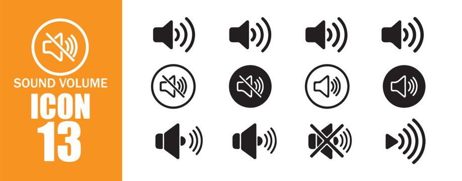 13 icon collection. speaker icon set. sound level. silent signs. Volume symbol. Set of no sound, No speaker icon