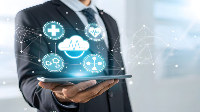 Businessman holding tablet with healthcare technology icons graphic design