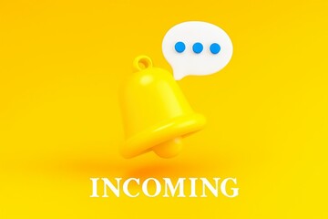 Bright yellow notification bell icon with a speech bubble and the word incoming on a vibrant yellow background