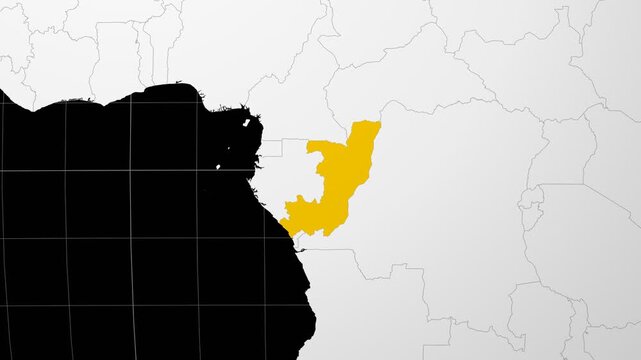 Republic of the Congo map. Animated zoom into the country on the Globe in Black White color palette. Country logo animation. Map with meridians, parallels. Beautiful video.