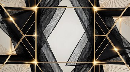 Luxury Black Mesh with Golden Geometric Frames — Futuristic 16:9 Abstract Background